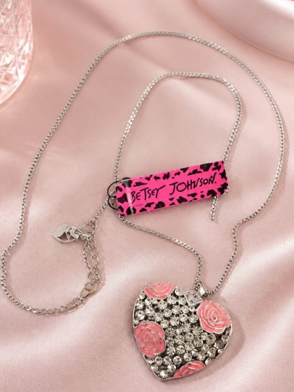 Betsey Johnson Pink Rose Heart Crystal Pendant Necklace